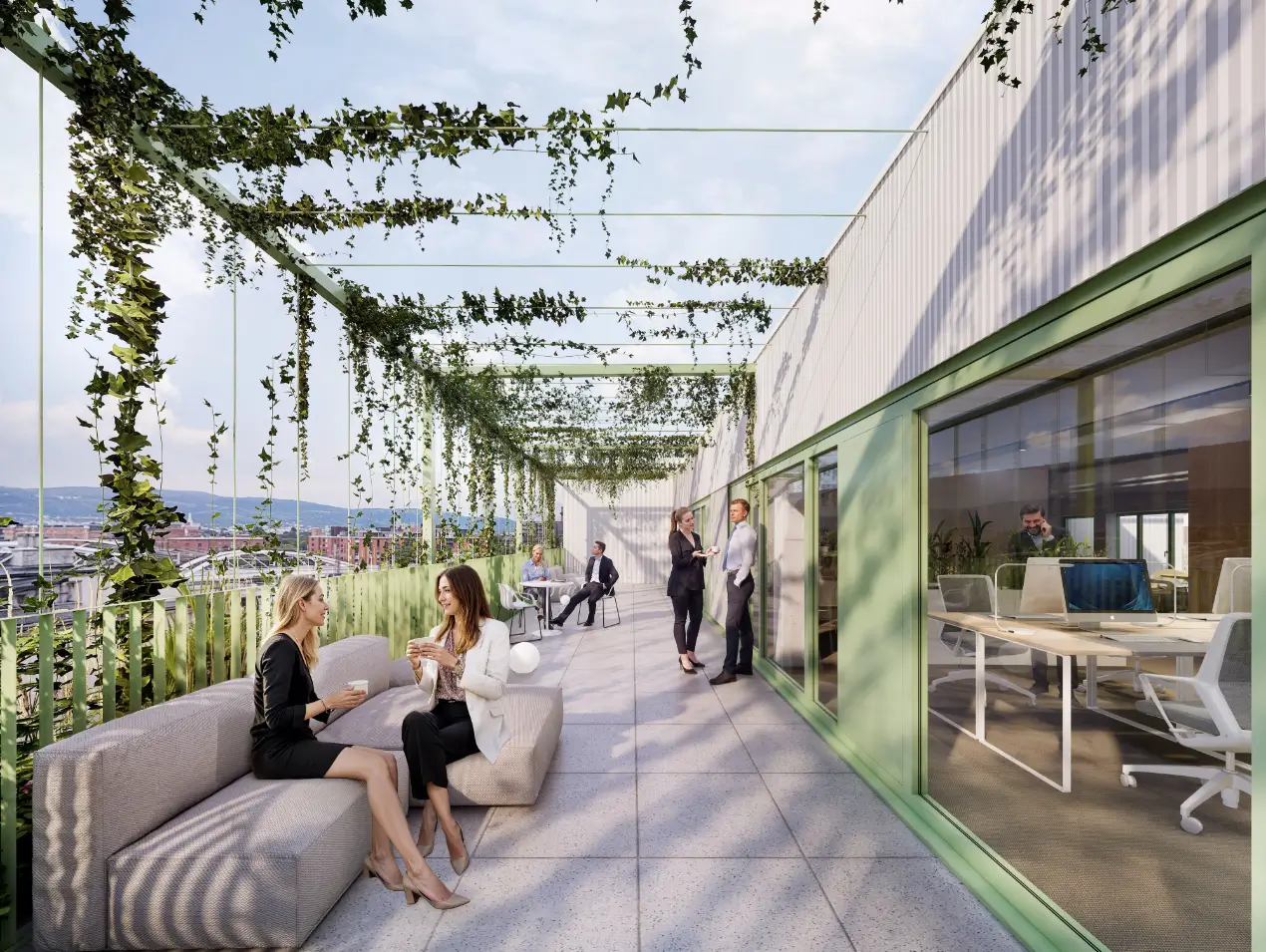 Dachterrasse eines Bürogebäudes mit Rankpflanzen, Sitzmöglichkeiten und Blick über eine Stadt.