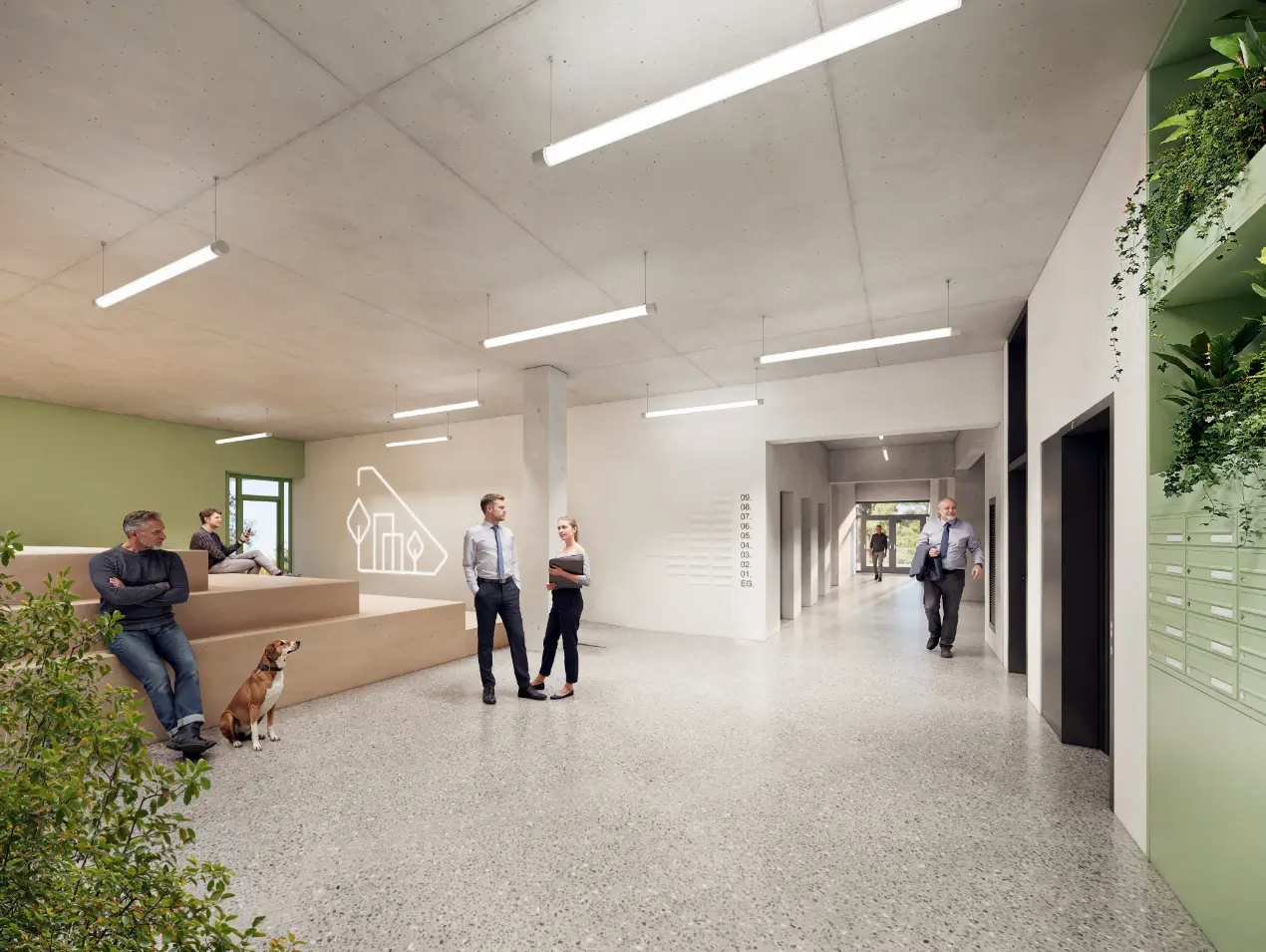 Modernes Foyer mit Betonboden, Sitzstufen und Personen.