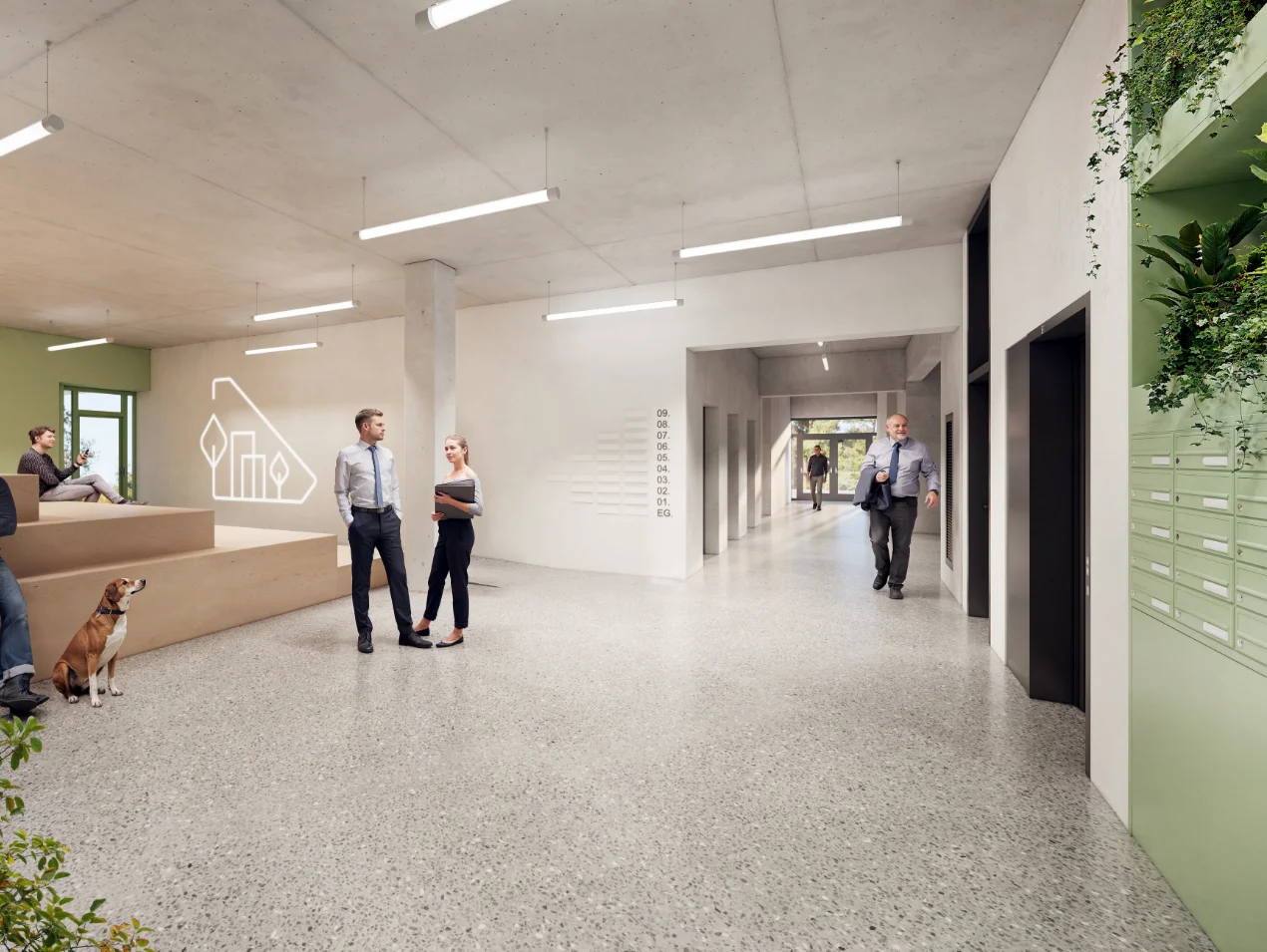 Modernes Foyer mit Betonboden, Sitzstufen und Personen.